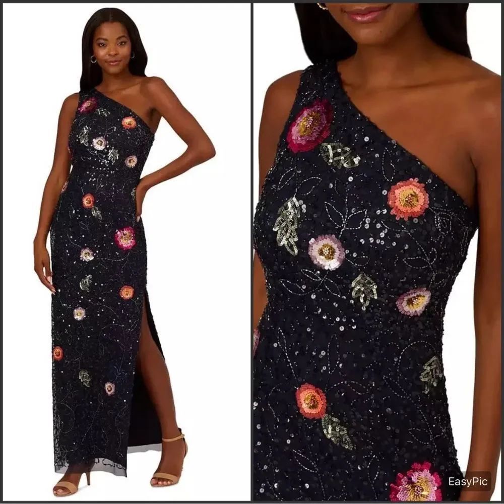 NWT Adrianna Papell Blue One Shoulder Floral Sequin Gown Dress Size 10